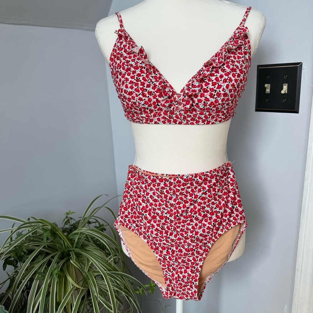 J. Crew Floral Print Bikini High Waist Bottoms & Ruffle on Top Bottom-XS Top-M